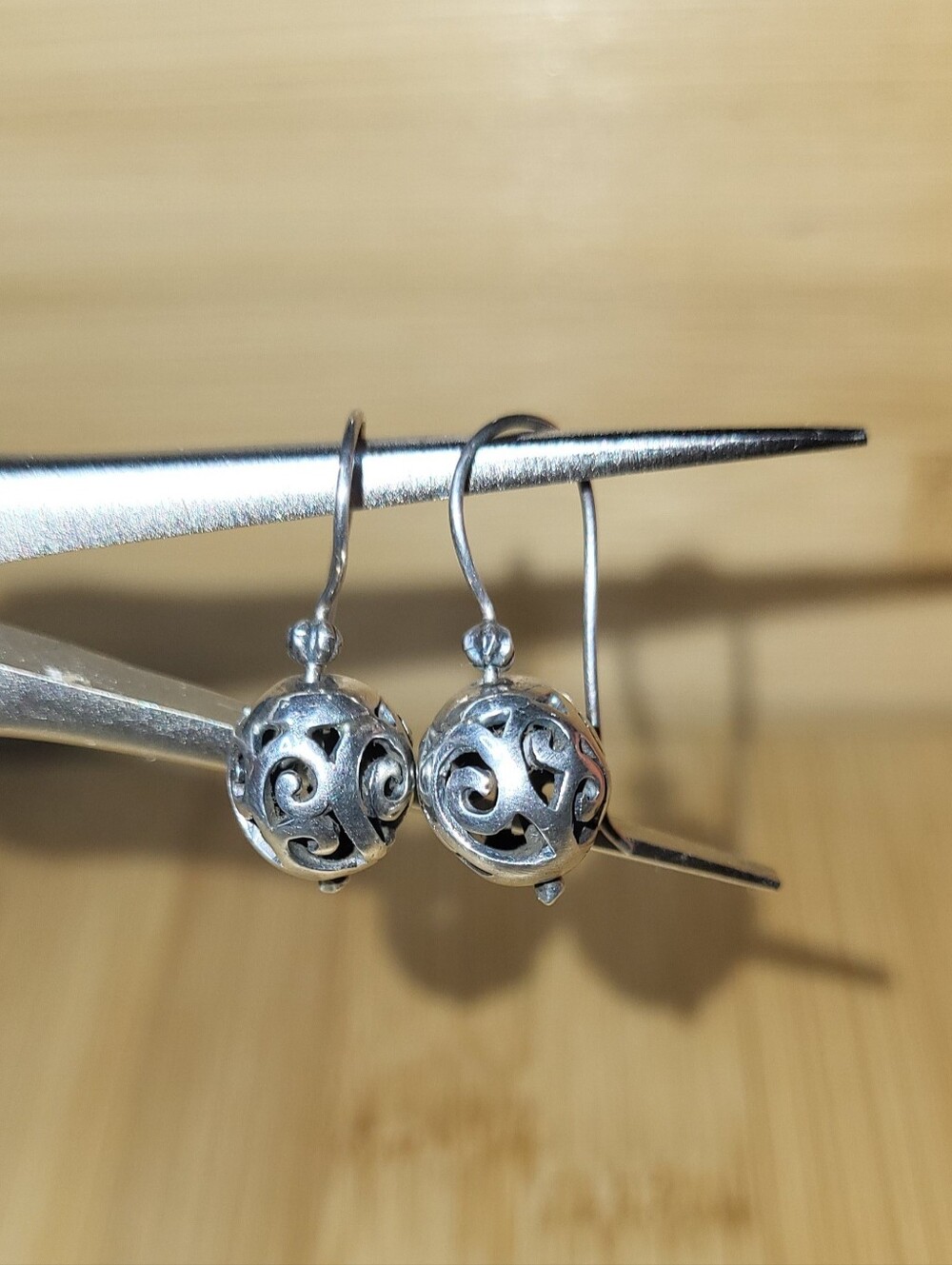 Vintage, Estate Sterling Silver Filigree Ball Drop Earrings - Silver - Picture 2 of 4